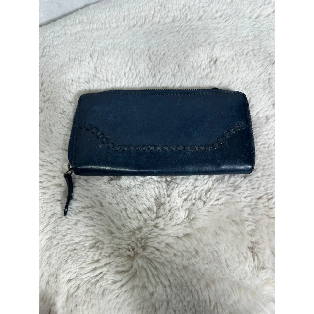 Frye Melissa Zip Around Leather Wallet Navy Slate Blue‎ Whipstitch Continental - Picture 2 of 7